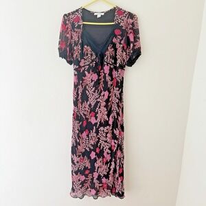 Y2K Floral Midi Dress XL Empire Waist Black Pink Beaded Sheer Indie Whimsygoth